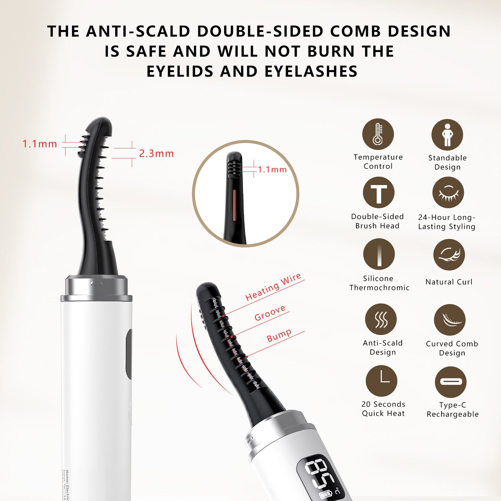 the anti-scald double-sided comb design is safe and will not burn the eyelids and eyelashes